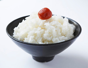 cooked rice steamed rice on bowl umeboshi pickled pium