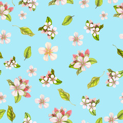 Seamless botanical pattern of hand drawn watercolor apple flowers