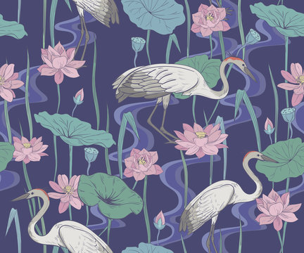 Seamless pattern with cranes and lotuses