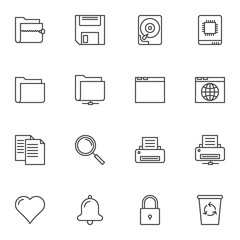 Universal basic line icons set. linear style symbols collection, outline signs pack. vector graphics. Set includes icons as document file folders, archive, HDD, printer, browser web page, notification