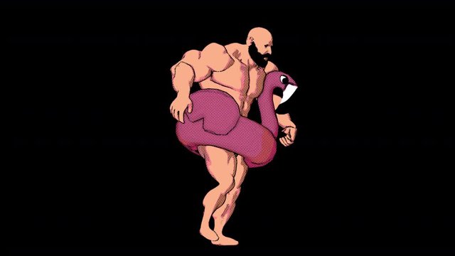 Seamless animation of masculine muscular bodybuilder walking with a pink flamingo inflatable. Funny summer background cartoon hand drawn style  isolated with alpha channel.