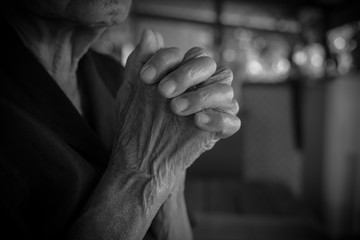 Praying hands of  Buddhism. Elderly woman god for  religion, belief, Holding hand in pray and thank...