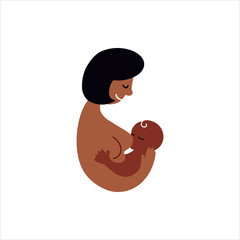 Vector linear contour silhouette flat logo breastfeeding. Black skinned Mother and newborn black skinned baby in hands on an isolated background. Concept of support for motherhood. 