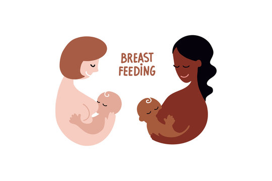 Set Vector contour flat logo breastfeeding. Happy white and black skinned women and newborn baby in hands. Concept of support for motherhood. World breastfeeding Day