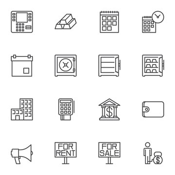 Finance Universal line icons set. linear style symbols collection, outline signs pack. vector graphics. Set includes icons as atm, gold bars, calendar page, deadline, safe, bank, payment card, wallet