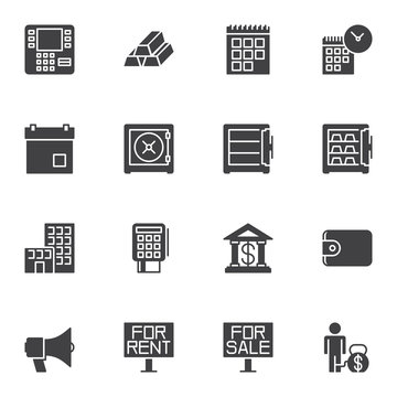 Finance Universal vector icons set, modern solid symbol collection, filled style pictogram pack. Signs, logo illustration. Set includes icons as atm, gold bars, calendar page, safe, bank, payment