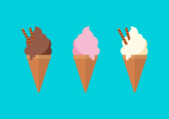 Chocolate vanilla and strawberry Ice cream in the cone