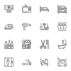 Hotel service line icons set. linear style symbols collection, outline signs pack. vector graphics. Set includes icons as air conditioner, tv, bed, iron, hair dryer, wifi, alcoholic bar, elevator