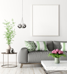 Interior of living room with sofa and mock up poster 3d rendering