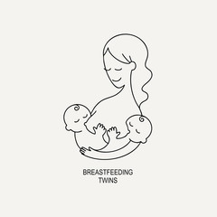Vector linear contour flat logo breastfeeding twins. Mother and newborn babies in her arms on an isolated white background. Concept of support for motherhood. Hand written lettering.