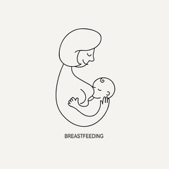 Vector linear contour flat logo breastfeeding. Mother and newborn baby in her arms on an isolated white background. Concept of support for motherhood. Hand written lettering World breastfeeding Day