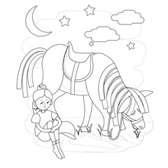 children's illustration for self-coloring with the image of a teenage girl who walks with a horse
