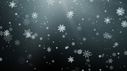 Seasonal Winter Holiday Background. Festiveal Snowfall on Dark Sky. White Snowflakes Fall. Frost Snow and Sunshine. Vector illustration