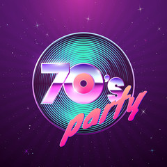 Paster template for retro disco party 70s. Vinyl record and neon colors element of 1970 style. Vintage music flyer. Vector illustration