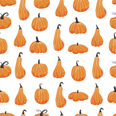 Autumn seamless pattern. Various shape of pumpkins. Print for fabric, web page background, seasons greeting cards, scrapbooking and wrapping paper. Vector illustration.