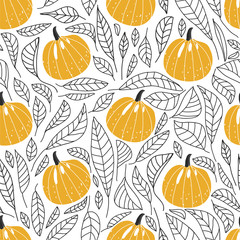 Modern seamless floral pattern with pumpkins and contour leaves. Abstract background. Texture for textile, postcard, wrapping paper, packaging etc. Vector illustration.
