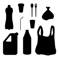 Plastic waste collection on white. Plastic bottles and another garbage, non-recyclable trash vector illustration