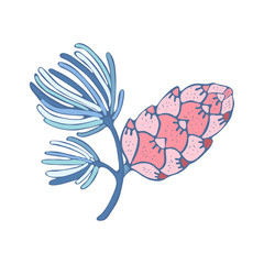 Pine cone in vector isolated on white background. Hand drawn illustration in a cute vintage style. Element for Christmas design decoration.