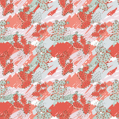 Seamless vector pattern with cacti. Abstract composition with creative art naive style, different lines, colorful elements and shapes for fabric, textile, background,