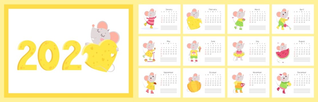 2020 calendar with mice flat vector templates set. Cute little rats cartoon characters. New year wall calender vertical pages with little rats designs pack. Children planner, scheduler paper sheets