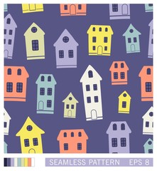 Cartoon town seamless pattern. Vector illustration. Landscape with houses in retro style.