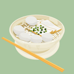 A illustration of Hong Kong style food Thick rice noodle with fishball & fishcake