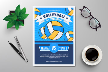 volleyball tournament flyer template, retro flat design vector