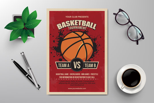 basketball tournament flyer template, retro flat design vector