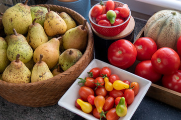 Healthy organic pears and tomatoes