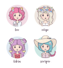 Vector set of cute zodiac girls. Zodiac signs collection: Leo, Virgo, Libra, Scorpio. Horoscope illustration 
