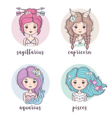 Vector set of cute zodiac girls. Zodiac signs collection: Sagittarius, Capricorn, Aquarius, Pisces. Horoscope illustration 