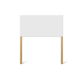Blank banner mock up on wood stick. Vector empty board plank holder. Protest sign isolated on white background.