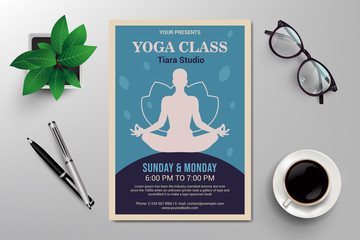 yoga class flyer template, retro flat design vector