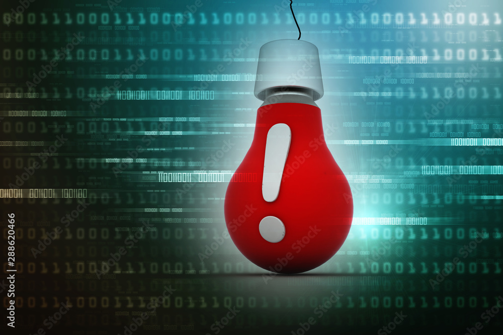 Poster 3d rendering idea concept, exclamation mark with light bulb