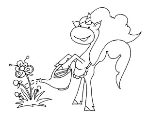 Coloring book for kids - unicorn in an apron with a watering can in his hands watering flowers. Black and white cute cartoon unicorns. Vector illustration.