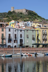 Fototapeta na wymiar Scenic view of Bosa town in Sardinia, Italy, with the Temo River and the Malaspina Castle in the background