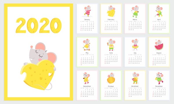 2020 calendar with mice flat vector templates set. Cute little rats cartoon characters. New year wall calender vertical pages with little rats designs pack. Children planner, scheduler paper sheets