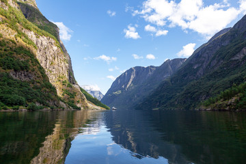 Fototapeta na wymiar Aurlandsfjord mit ankommender Fähre in Norwegen