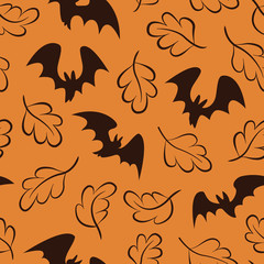 Seamless halloween pattern with bats and falling leaves on orange background for greeting card, gift box, wallpaper, fabric, web design.