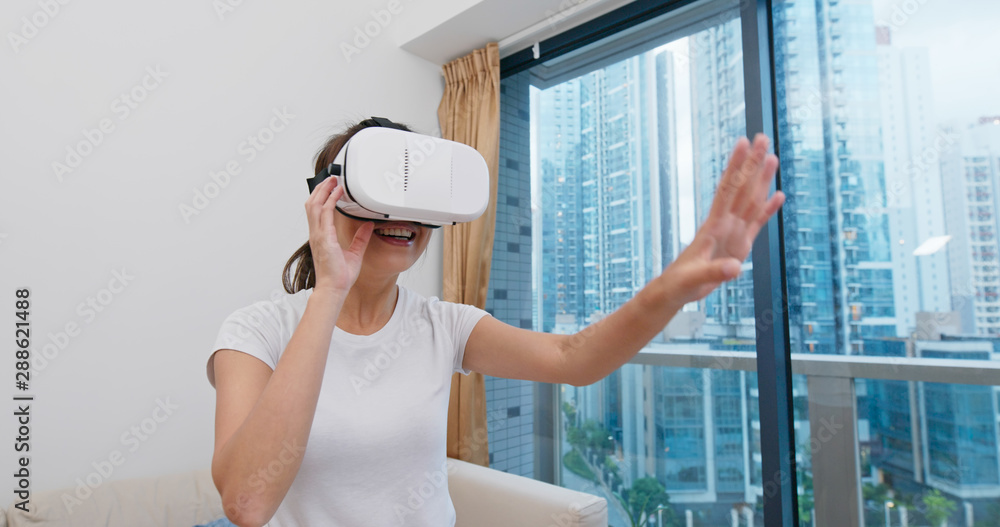 Sticker woman play vr device at home