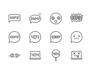 Oops message flat line icons set. 404 error, mistake speach bubble, page not found concept vector illustrations. Outline signs for something went wrong. Pixel perfect 64x64. Editable Strokes