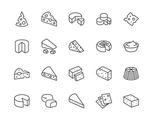 Cheese flat line icons set. Parmesan, mozzarella, yogurt, dutch, ricotta, butter, blue chees piece vector illustrations. Outline signs for dairy product store. Pixel perfect 64x64. Editable Strokes - obrazy, fototapety, plakaty