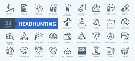 Headhunting And Recruiting minimal thin line web icon set. Included the icons as Job Interview, Career Path, Resume and more. Outline icons collection.Simple vector illustration. - 288621645