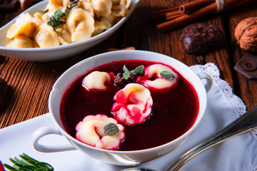 traditional Polish Christmas Eve borscht with dumplings