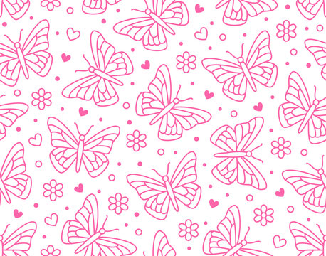 Butterfly seamless pattern. Flying insects with flowers, hearts background, cute butterflies flat line icons for kids decor, spring wallpaper. Pink, white color