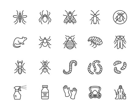 Pest control flat line icons set. Insects - mosquito, spider, fly, cockroach, rat, termite, spray vector illustrations. Outline signs for disinfection service. Pixel perfect 64x64. Editable Strokes