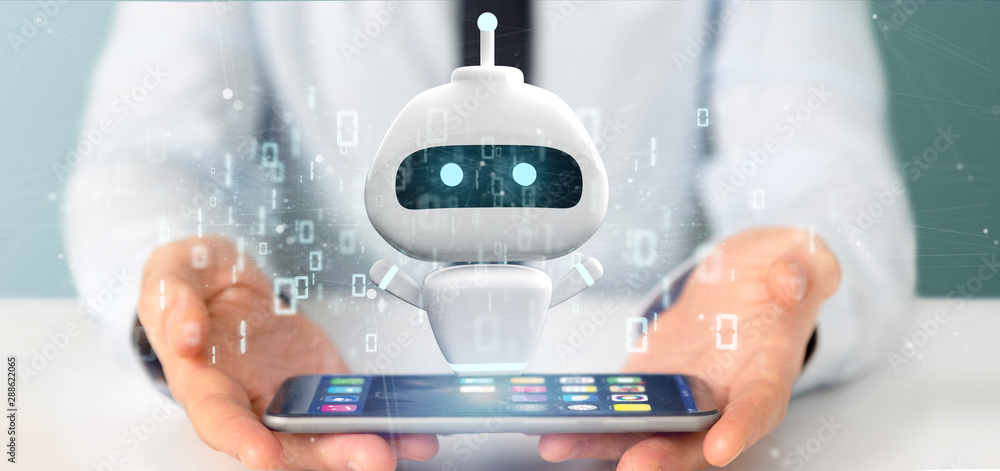 Poster businessman holding chatbot with binary code 3d rendering