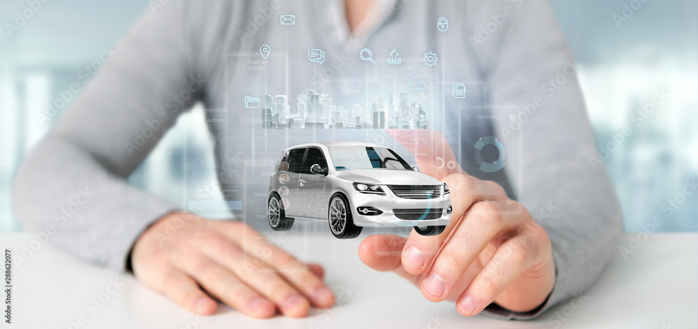 Poster businessman holding dashboard smartcar interface with multimedia icon and city map on a background 3