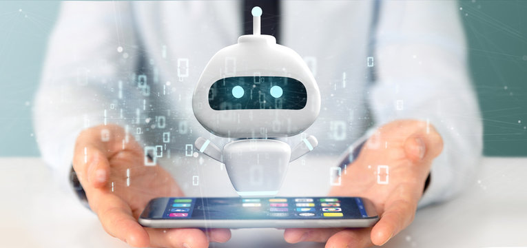 Businessman holding Chatbot with binary code 3d rendering