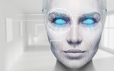 Beautiful cyborg female face with blue eyes.